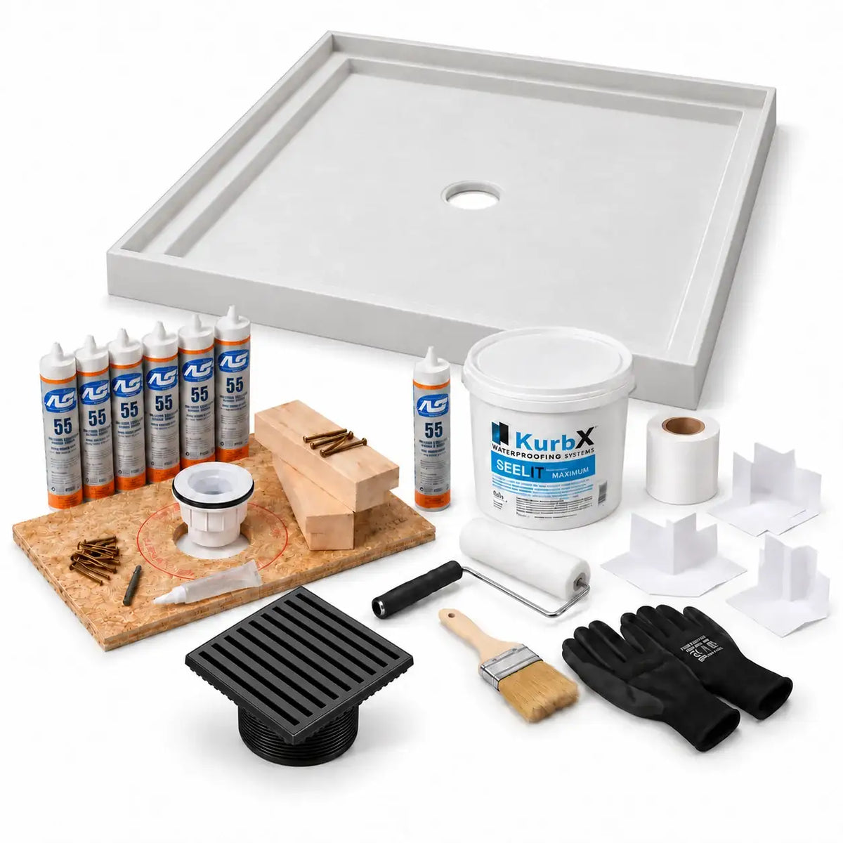 KurbX shower system bundle: 48 in x 48 in, Center Drain, Bar Matte Black - Jaclo, with Installation Package 1 and SeeLIT MAX waterproofing kit.