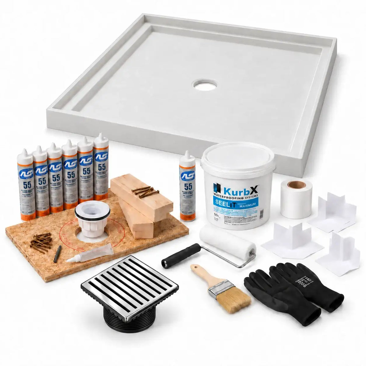 KurbX shower system bundle: 48 in x 48 in, Center Drain, Bar Polished Chrome - Jaclo, with Installation Package 1 and SeeLIT MAX waterproofing kit.