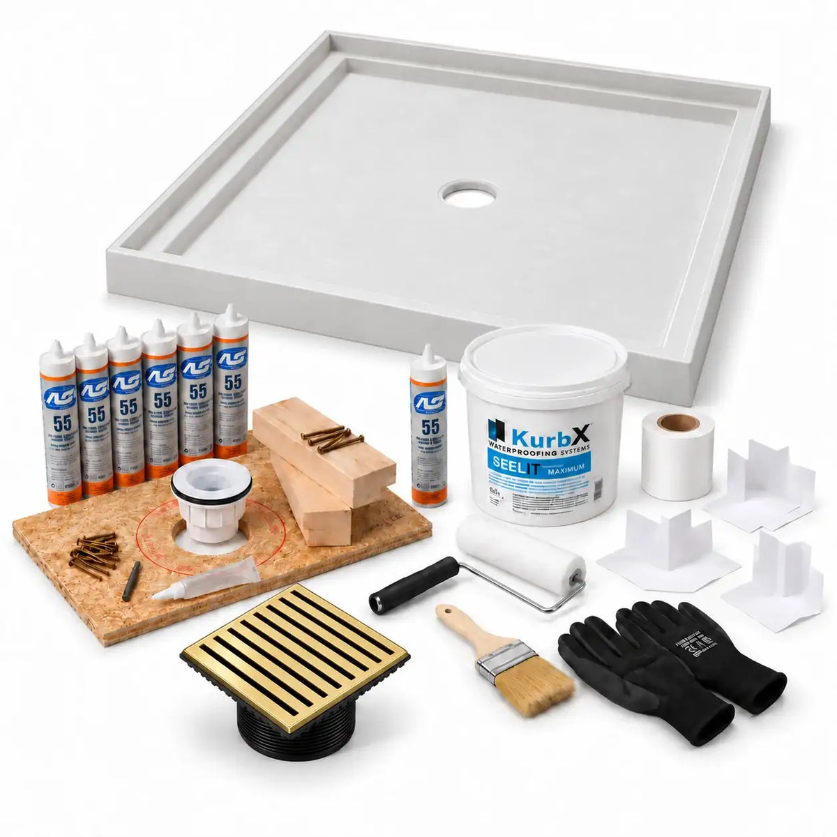 KurbX shower system bundle: 48 in x 48 in, Center Drain, Bar Satin Brass - Jaclo, with Installation Package 1 and SeeLIT MAX waterproofing kit.