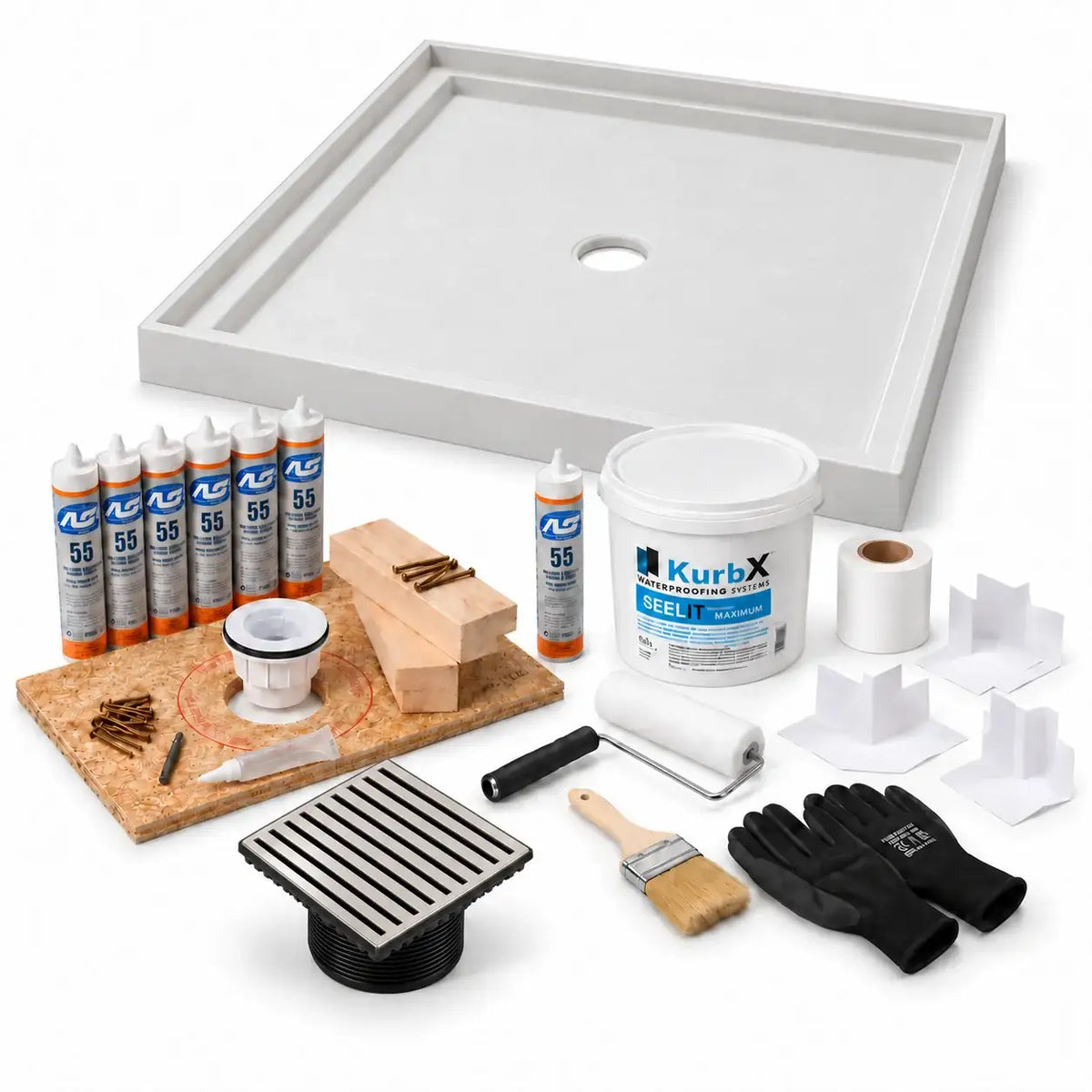 KurbX shower system bundle: 48 in x 48 in, Center Drain, Bar Satin Nickel - Jaclo, with Installation Package 1 and SeeLIT MAX waterproofing kit.