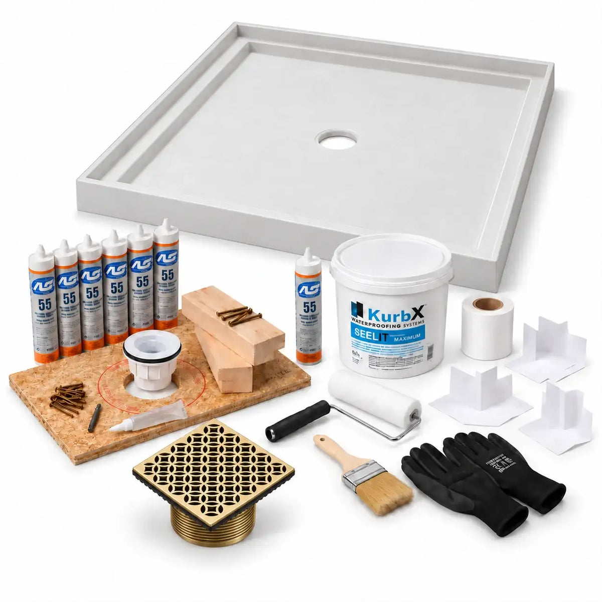 KurbX shower system bundle: 48 in x 48 in, Center Drain, Lattice Brushed Brass, with Installation Package 1 and SeeLIT MAX waterproofing kit.