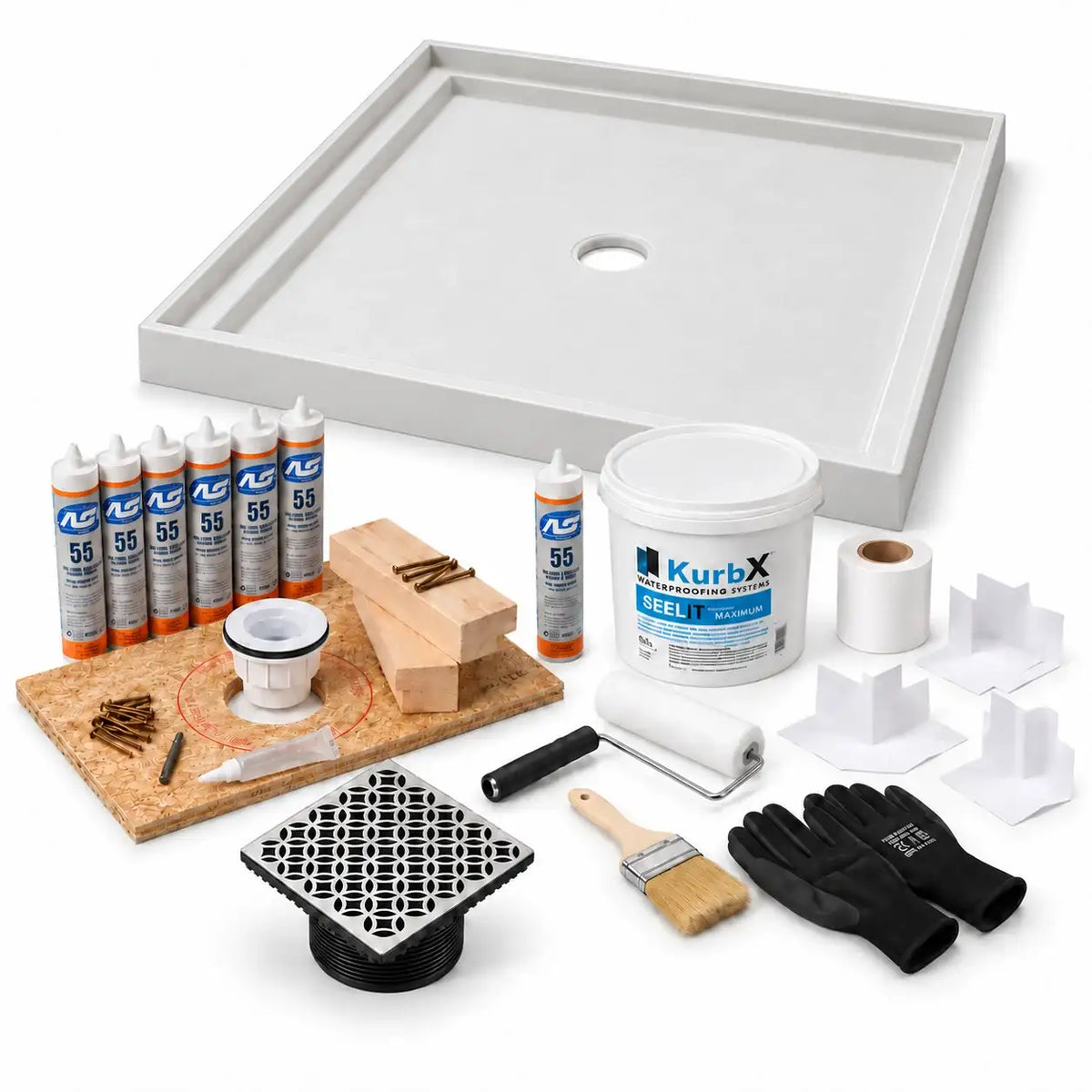 KurbX shower system bundle: 48 in x 48 in, Center Drain, Lattice Brushed Stainless, with Installation Package 1 and SeeLIT MAX waterproofing kit.