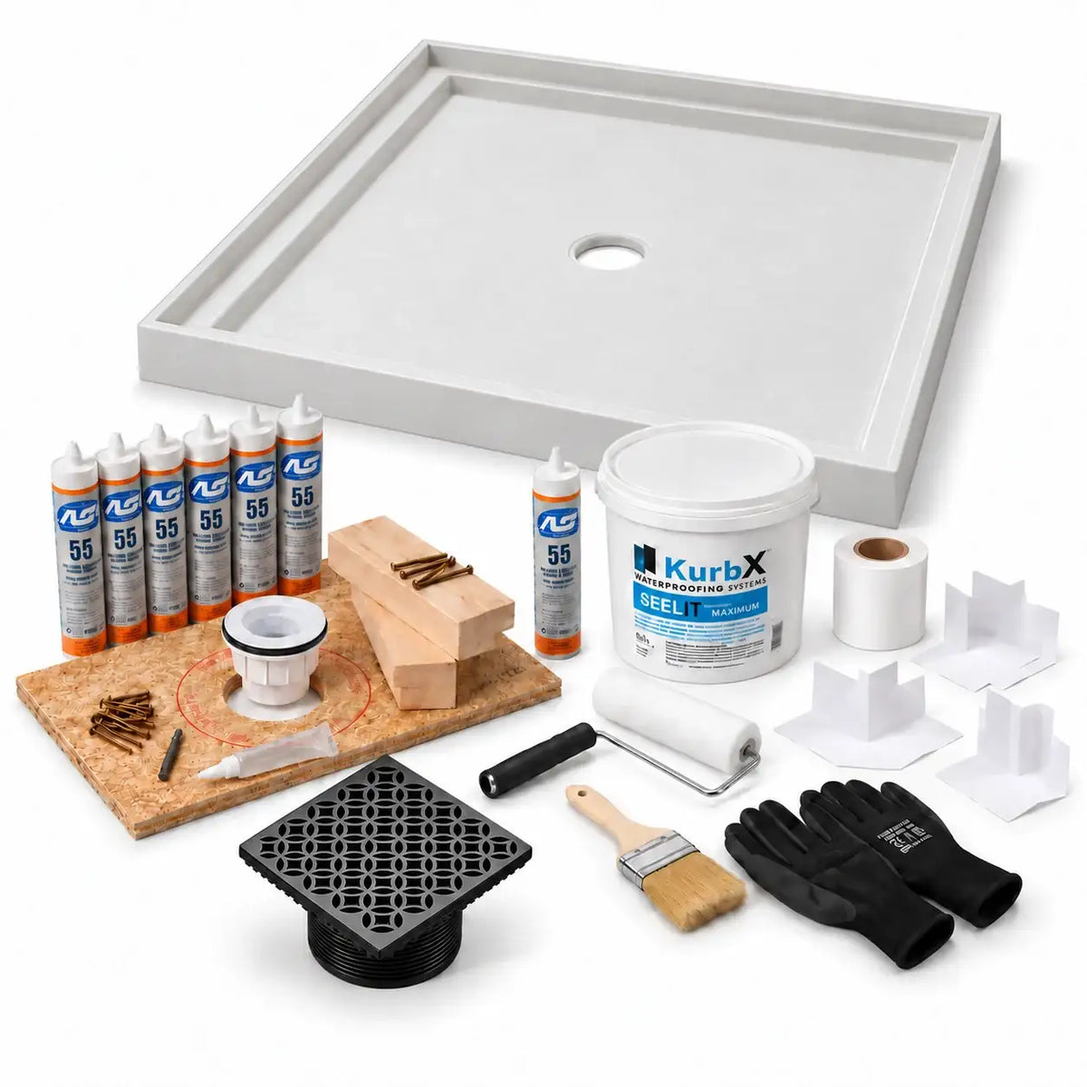 KurbX shower system bundle: 48 in x 48 in, Center Drain, Lattice Matte Black, with Installation Package 1 and SeeLIT MAX waterproofing kit.