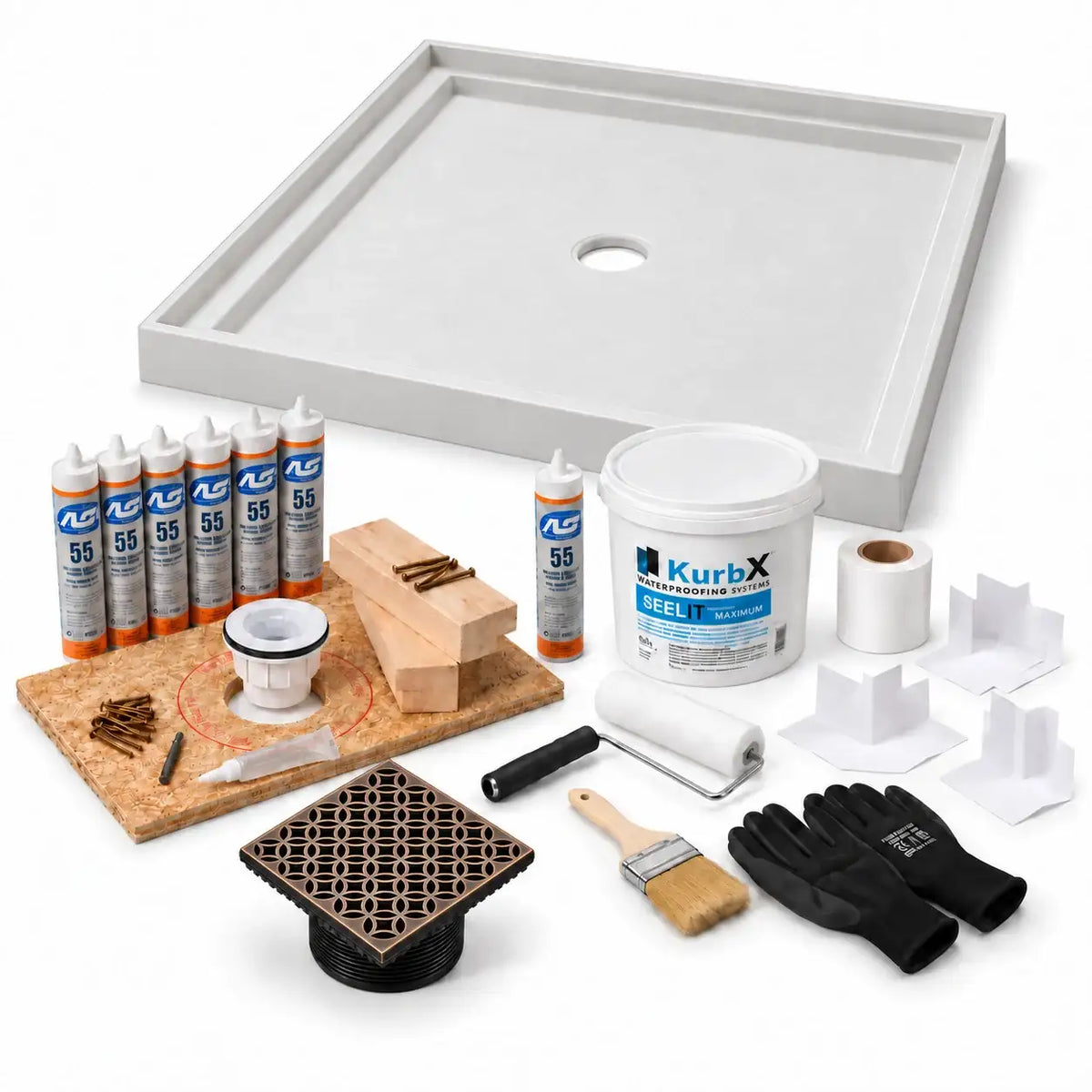 KurbX shower system bundle: 48 in x 48 in, Center Drain, Lattice Oil Rubbed Bronze, with Installation Package 1 and SeeLIT MAX waterproofing kit.
