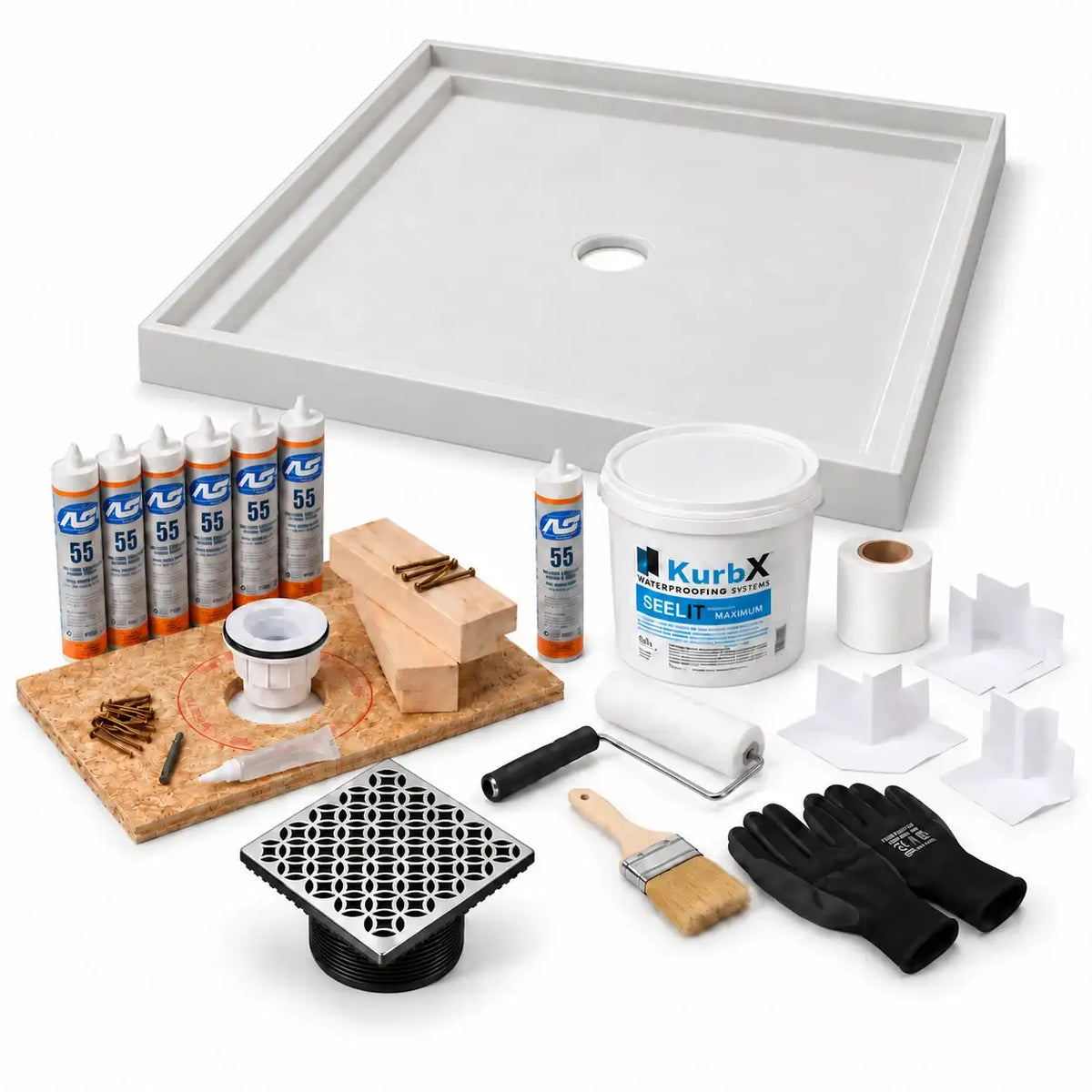 KurbX shower system bundle: 48 in x 48 in, Center Drain, Lattice Polished Stainless, with Installation Package 1 and SeeLIT MAX waterproofing kit.