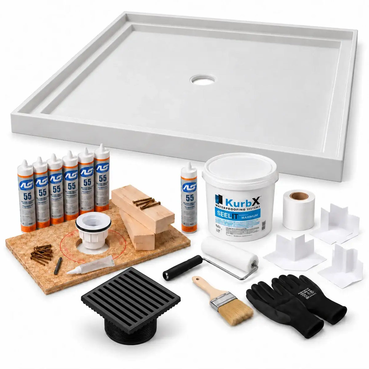 KurbX shower system bundle: 59 in x 59 in, Center Drain, Bar Matte Black - Jaclo, with Installation Package 1 and SeeLIT MAX waterproofing kit.