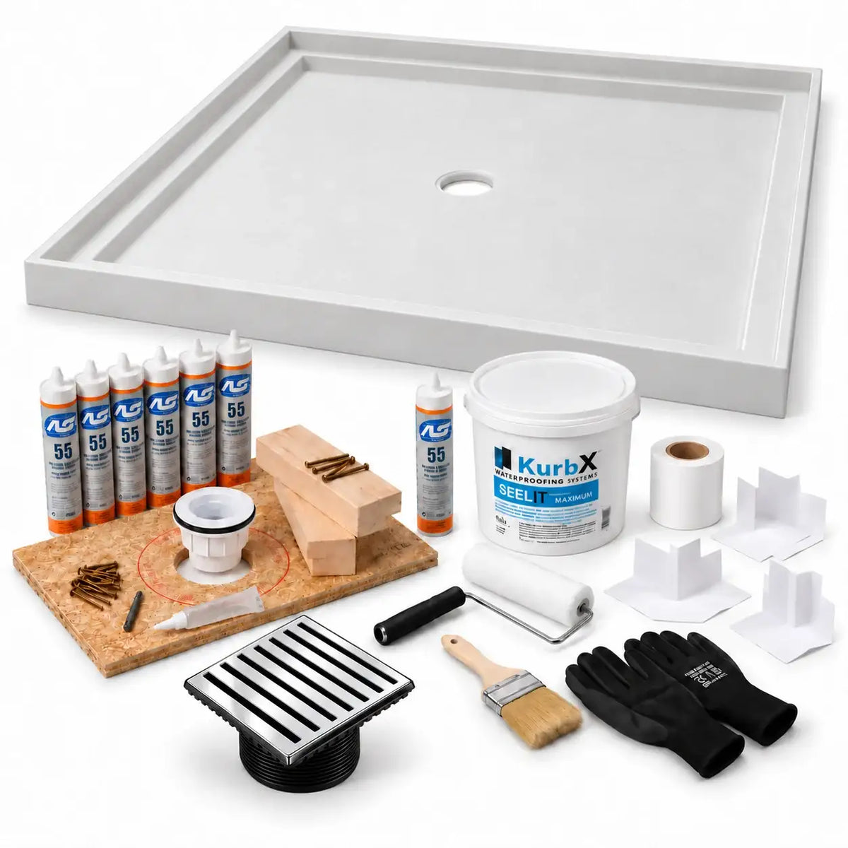 KurbX shower system bundle: 59 in x 59 in, Center Drain, Bar Polished Chrome - Jaclo, with Installation Package 1 and SeeLIT MAX waterproofing kit.