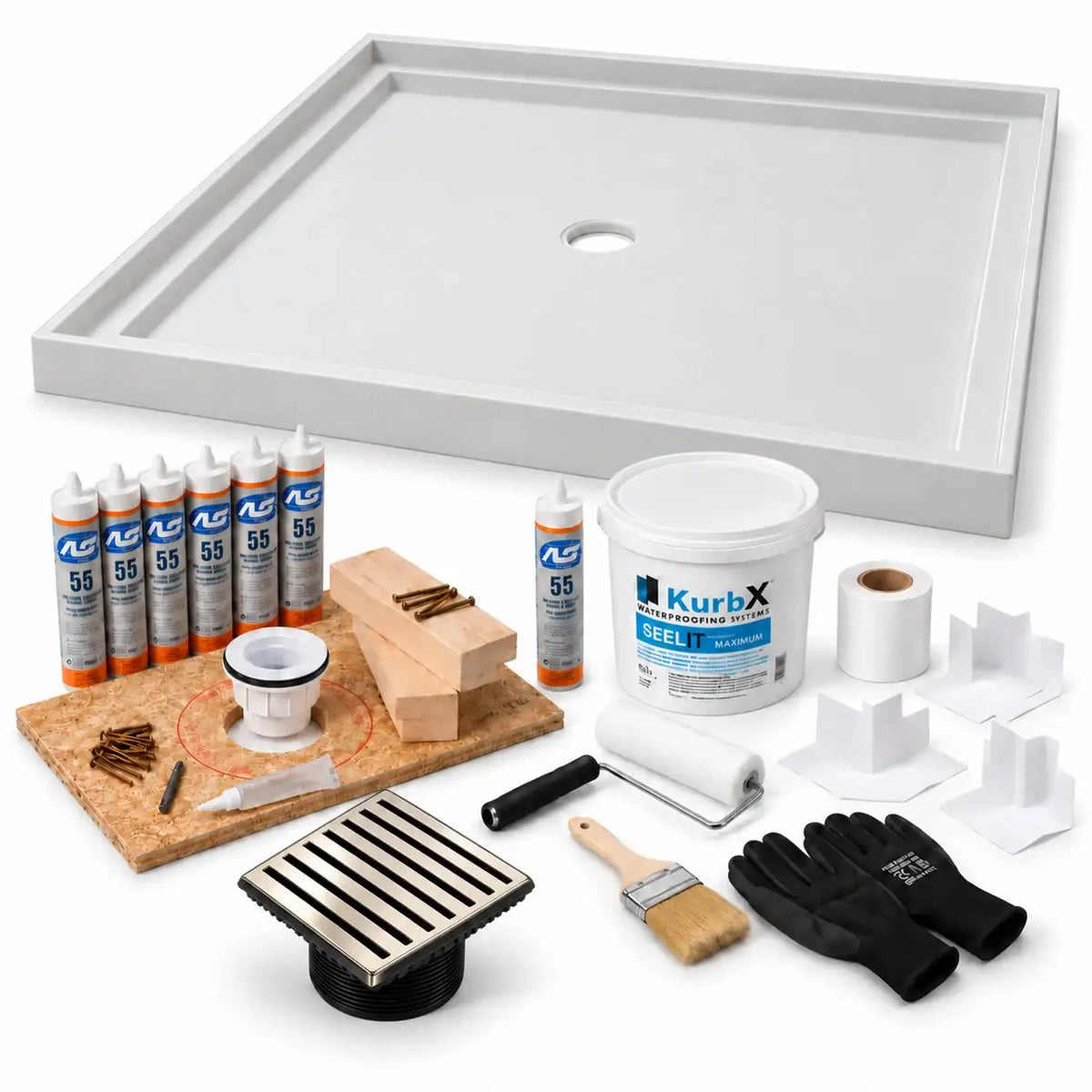 KurbX shower system bundle: 59 in x 59 in, Center Drain, Bar Polished Nickel - Jaclo, with Installation Package 1 and SeeLIT MAX waterproofing kit.