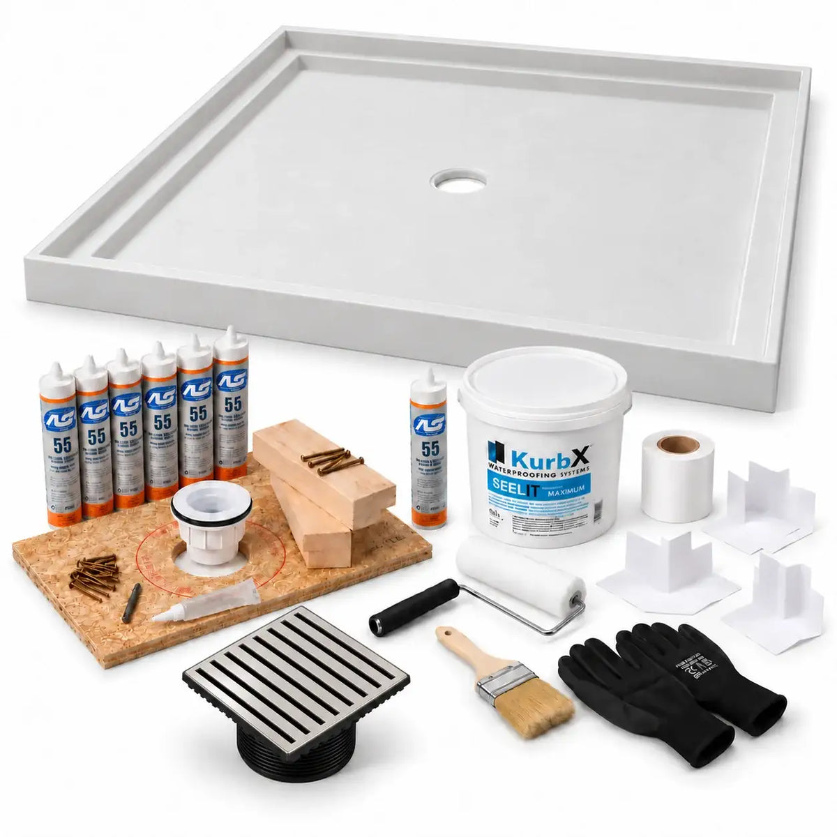 KurbX shower system bundle: 59 in x 59 in, Center Drain, Bar Satin Nickel - Jaclo, with Installation Package 1 and SeeLIT MAX waterproofing kit.