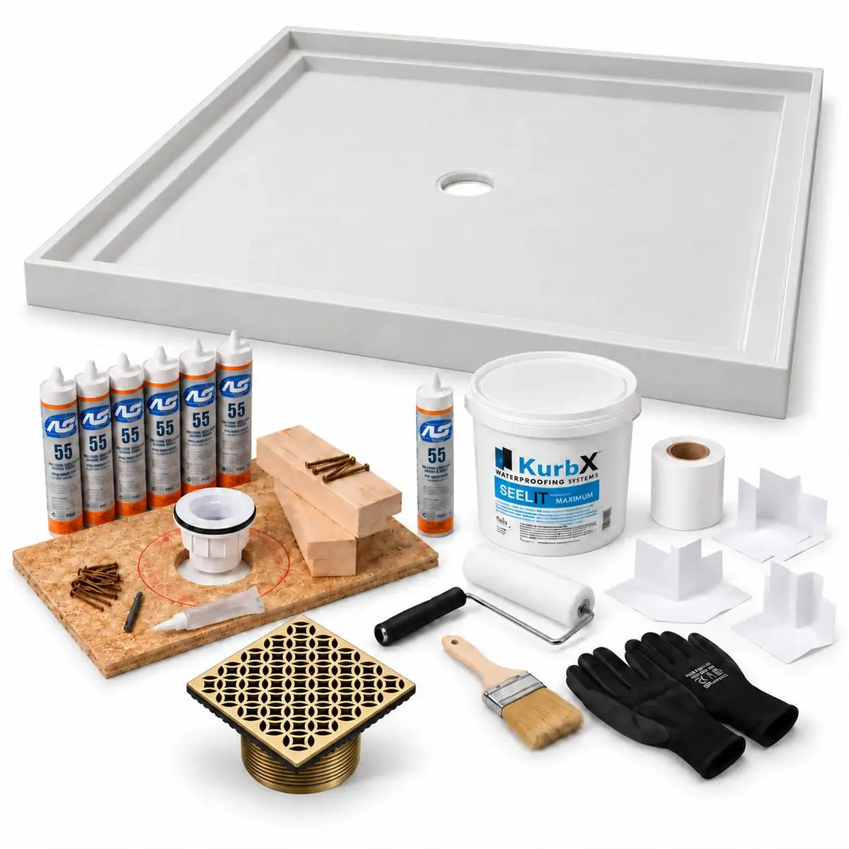 KurbX shower system bundle: 59 in x 59 in, Center Drain, Lattice Brushed Brass, with Installation Package 1 and SeeLIT MAX waterproofing kit.