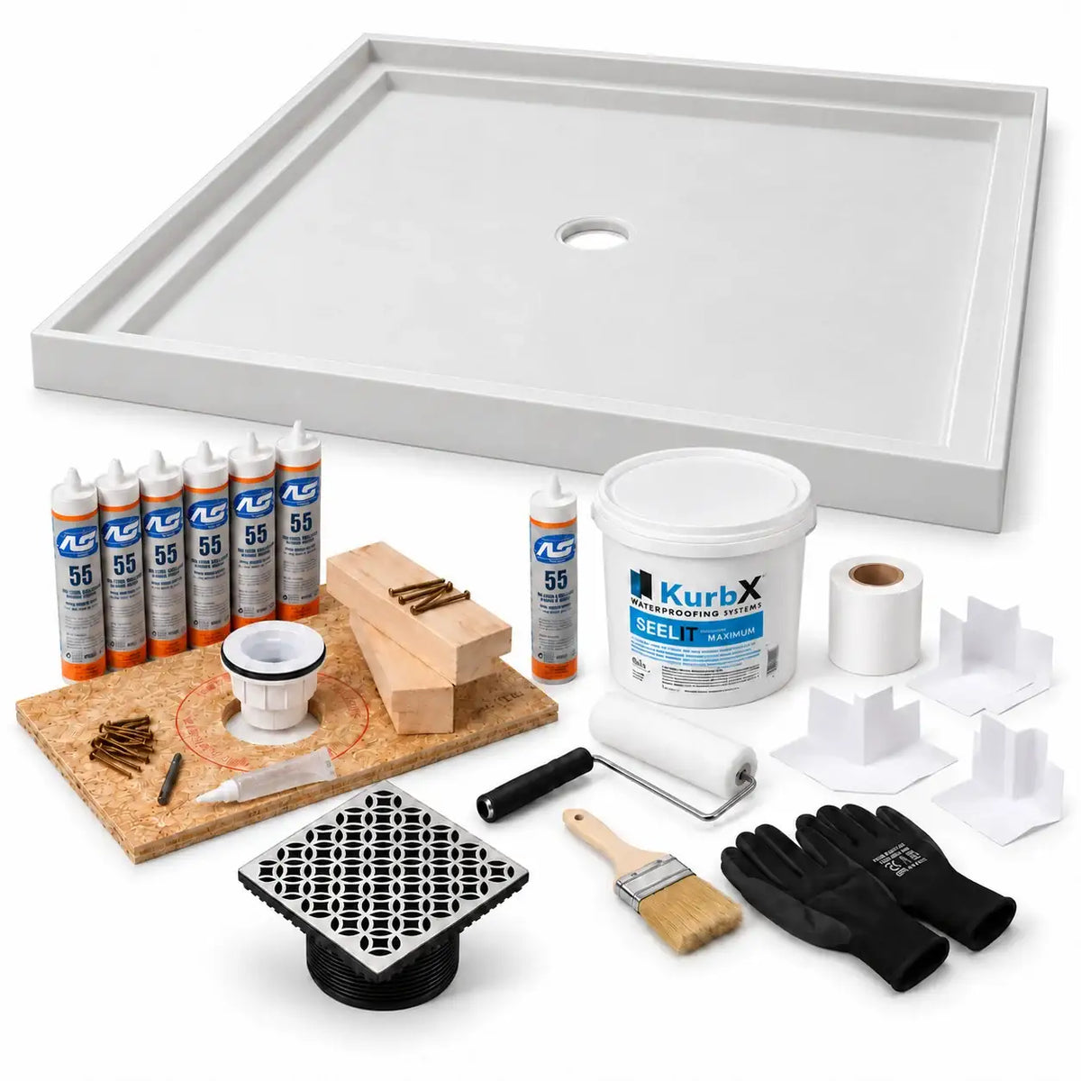 KurbX shower system bundle: 59 in x 59 in, Center Drain, Lattice Brushed Stainless, with Installation Package 1 and SeeLIT MAX waterproofing kit.