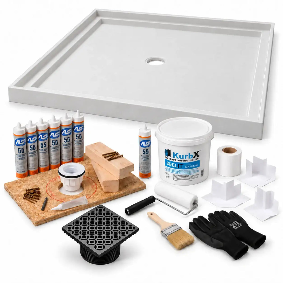 KurbX shower system bundle: 59 in x 59 in, Center Drain, Lattice Matte Black, with Installation Package 1 and SeeLIT MAX waterproofing kit.