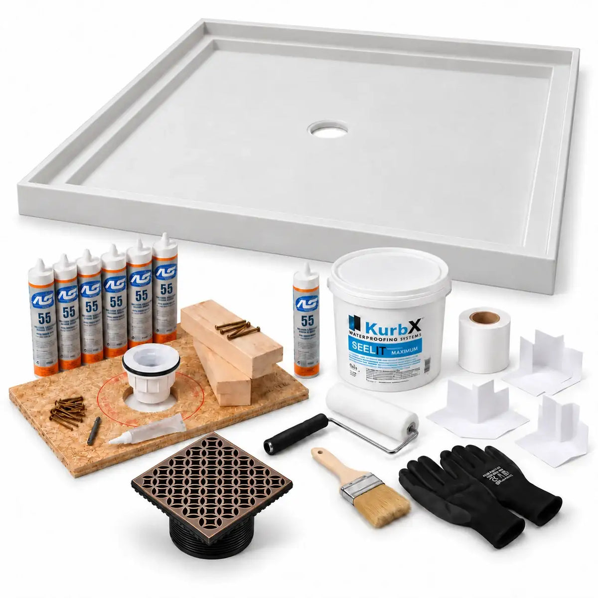 KurbX shower system bundle: 59 in x 59 in, Center Drain, Lattice Oil Rubbed Bronze, with Installation Package 1 and SeeLIT MAX waterproofing kit.