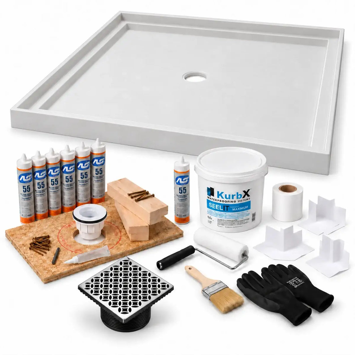 KurbX shower system bundle: 59 in x 59 in, Center Drain, Lattice Polished Stainless, with Installation Package 1 and SeeLIT MAX waterproofing kit.