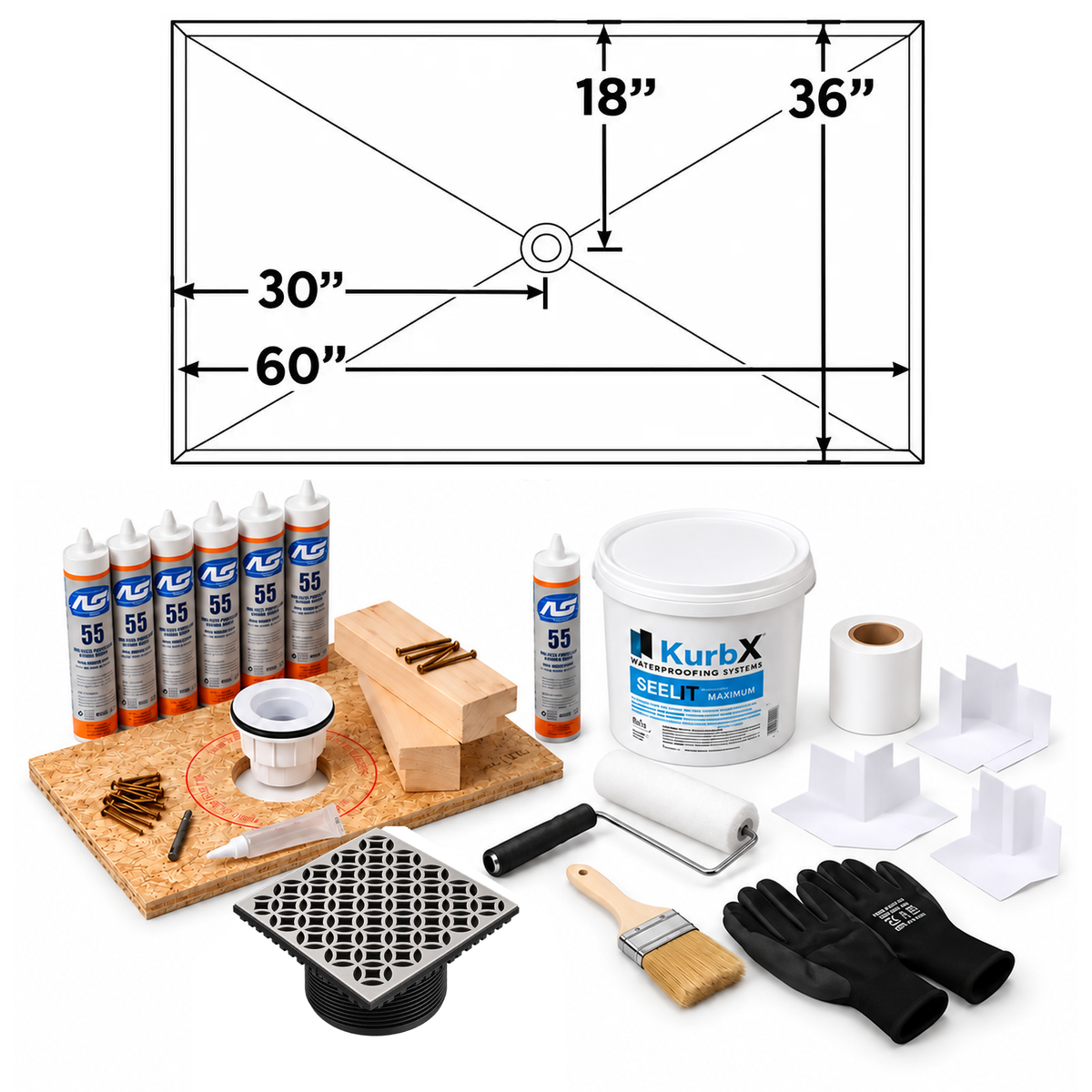 KurbX Structural Shower System: 60 in x 36 in / Center Drain / Lattice Brushed Stainless, original dimension diagram, Installation Package 1 and SeeLIT MAX waterproofing kit.