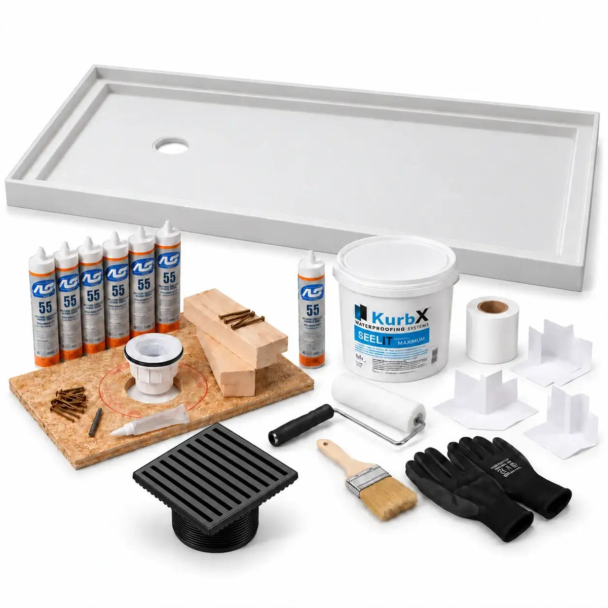 KurbX shower system bundle: 60 in x 36 in, Offset Drain for Tub Replacement, Bar Matte Black - Jaclo, with Installation Package 1 and SeeLIT MAX waterproofing kit.