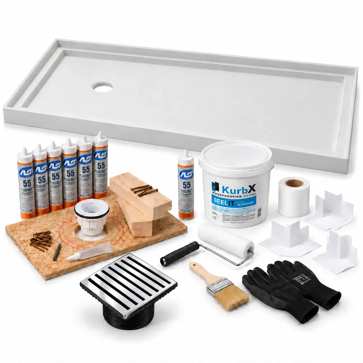 KurbX shower system bundle: 60 in x 36 in, Offset Drain for Tub Replacement, Bar Polished Chrome - Jaclo, with Installation Package 1 and SeeLIT MAX waterproofing kit.