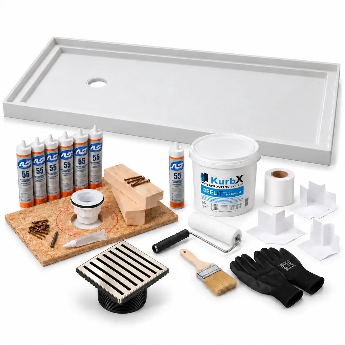 KurbX shower system bundle: 60 in x 36 in, Offset Drain for Tub Replacement, Bar Polished Nickel - Jaclo, with Installation Package 1 and SeeLIT MAX waterproofing kit.