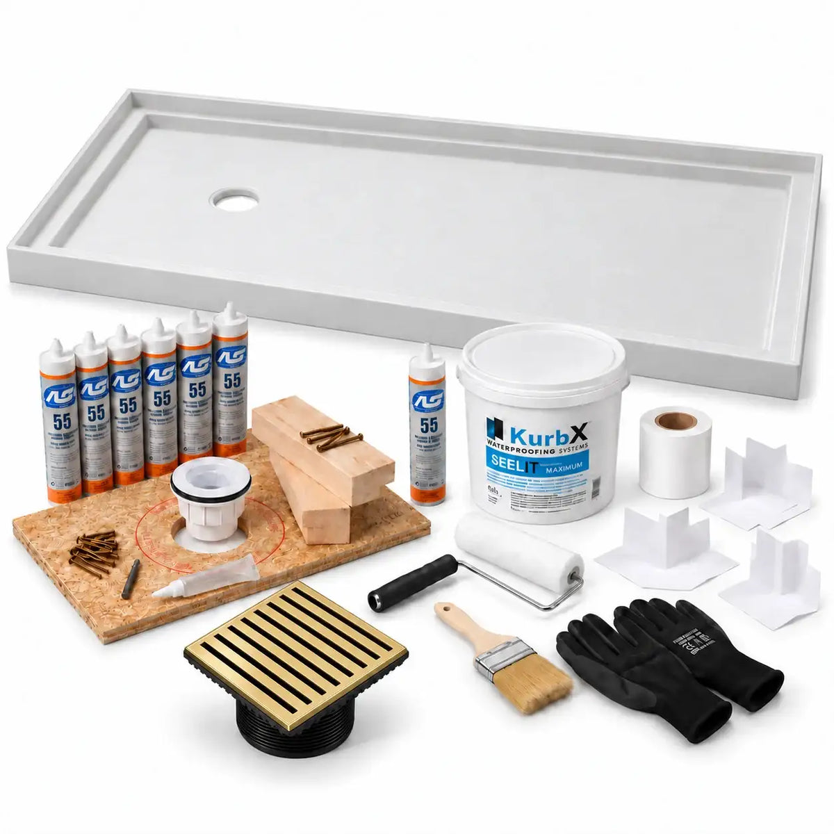 KurbX shower system bundle: 60 in x 36 in, Offset Drain for Tub Replacement, Bar Satin Brass - Jaclo, with Installation Package 1 and SeeLIT MAX waterproofing kit.