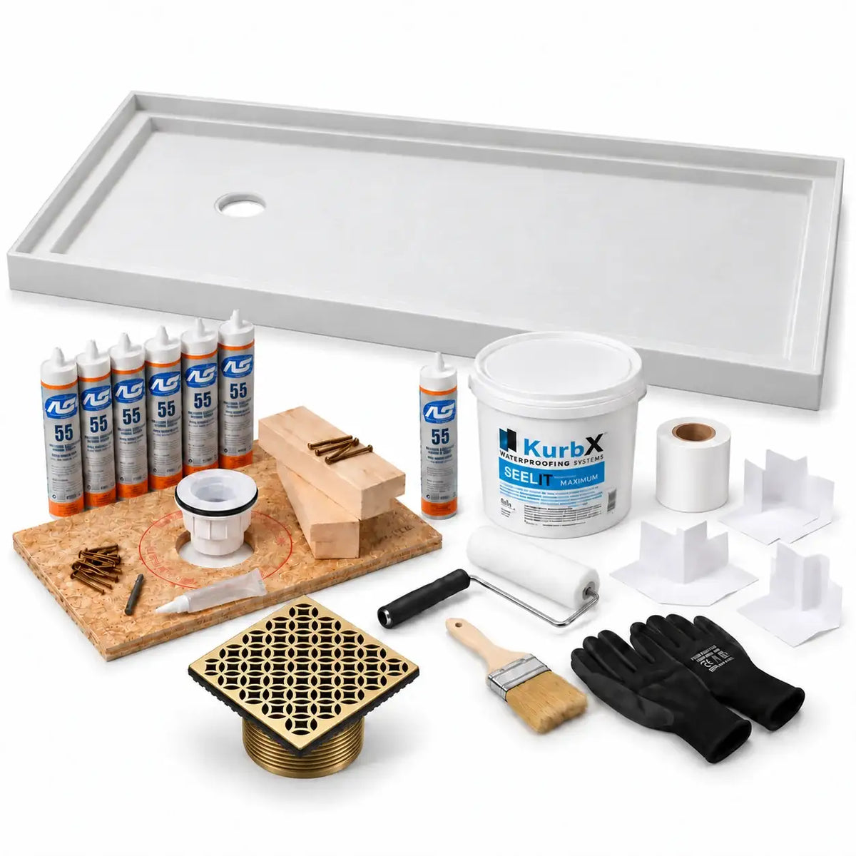 KurbX shower system bundle: 60 in x 36 in, Offset Drain for Tub Replacement, Lattice Brushed Brass, with Installation Package 1 and SeeLIT MAX waterproofing kit.