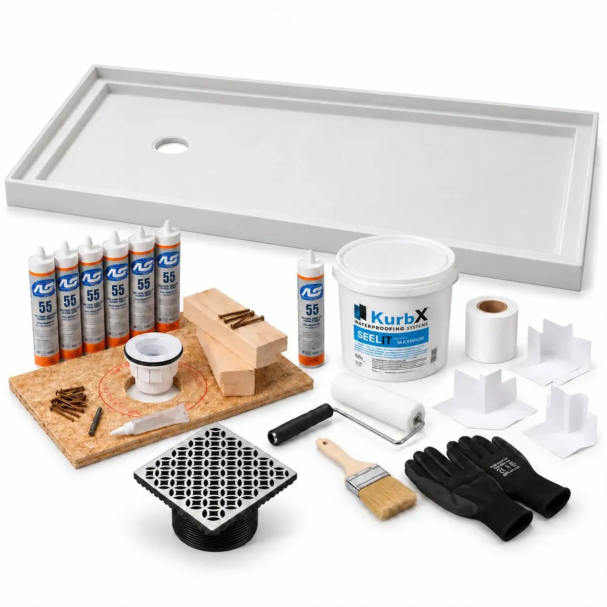 KurbX shower system bundle: 60 in x 36 in, Offset Drain for Tub Replacement, Lattice Brushed Stainless, with Installation Package 1 and SeeLIT MAX waterproofing kit.