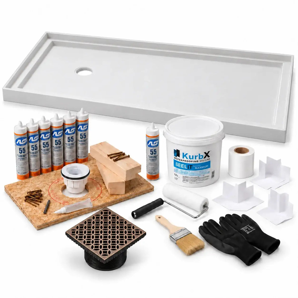 KurbX shower system bundle: 60 in x 36 in, Offset Drain for Tub Replacement, Lattice Oil Rubbed Bronze, with Installation Package 1 and SeeLIT MAX waterproofing kit.