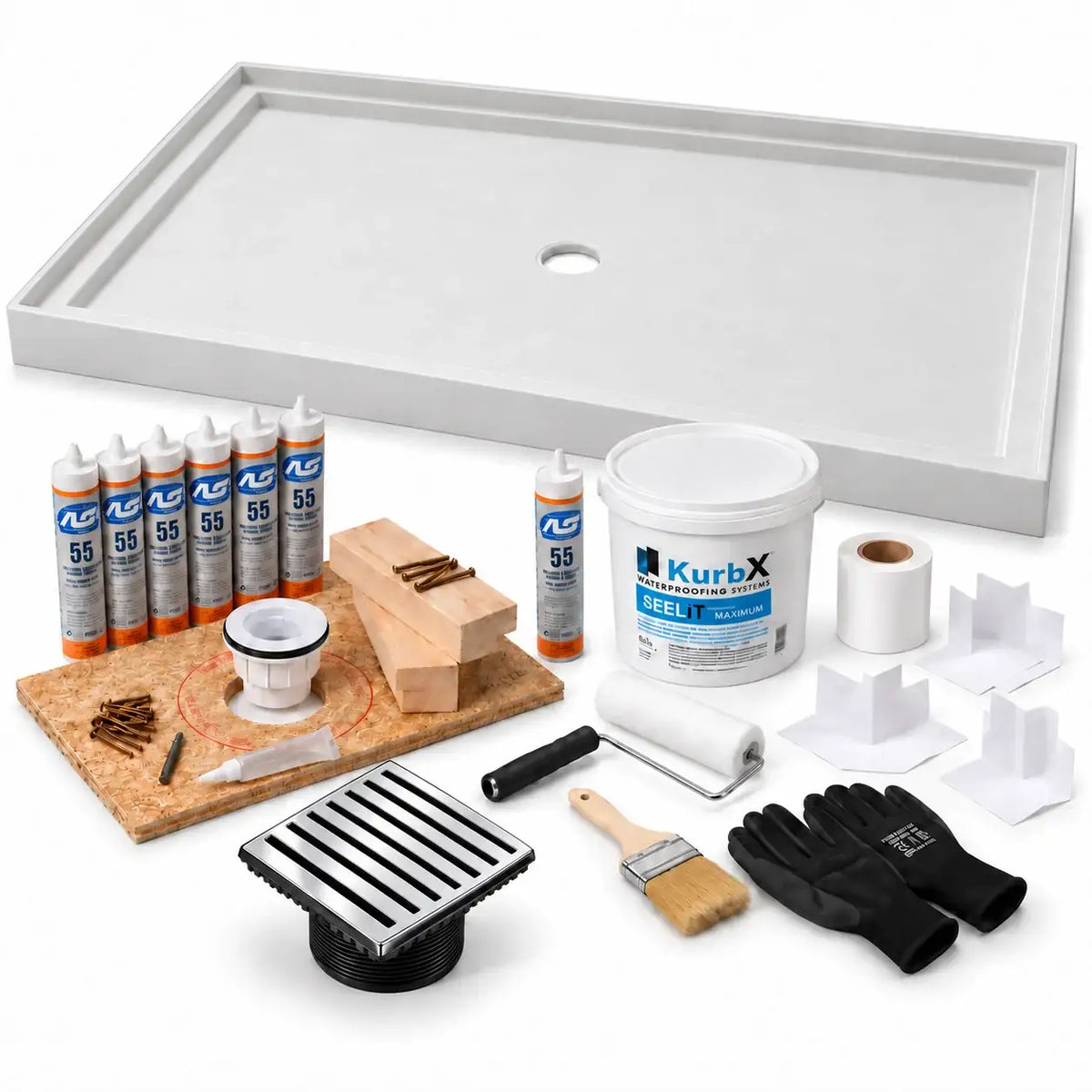 KurbX shower system bundle: 60 in x 48 in, Center Drain, Bar Polished Chrome - Jaclo, with Installation Package 1 and SeeLIT MAX waterproofing kit.