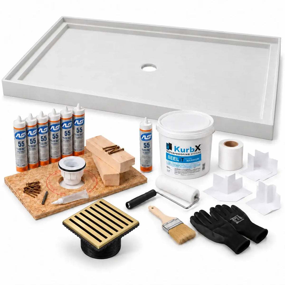 KurbX shower system bundle: 60 in x 48 in, Center Drain, Bar Satin Brass - Jaclo, with Installation Package 1 and SeeLIT MAX waterproofing kit.