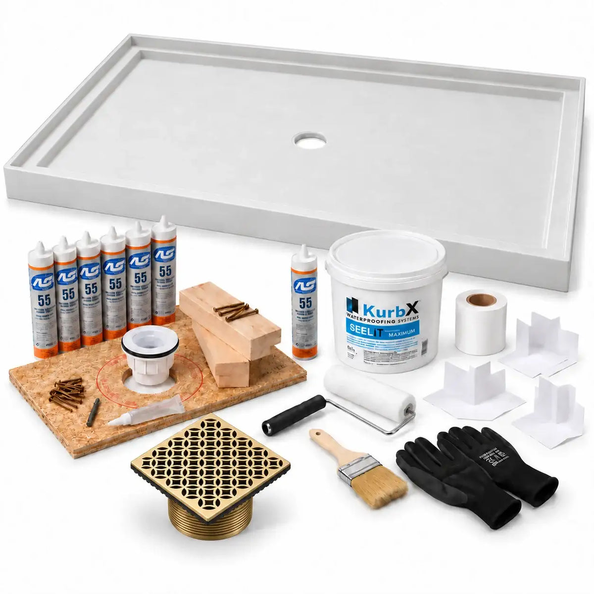 KurbX shower system bundle: 60 in x 48 in, Center Drain, Lattice Brushed Brass, with Installation Package 1 and SeeLIT MAX waterproofing kit.