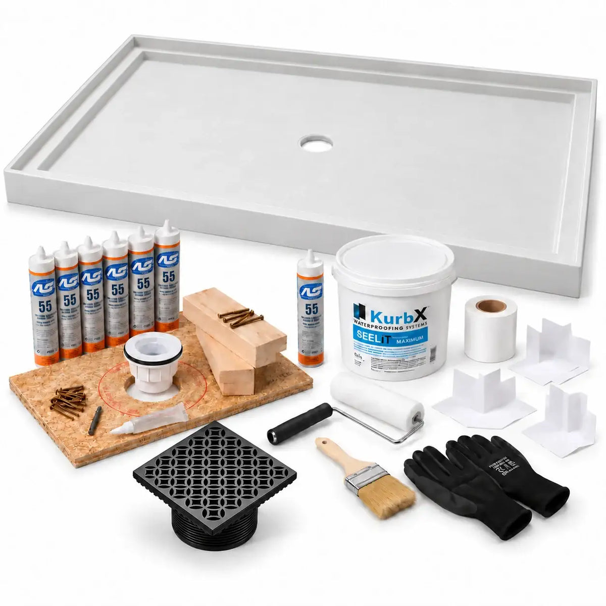 KurbX shower system bundle: 60 in x 48 in, Center Drain, Lattice Matte Black, with Installation Package 1 and SeeLIT MAX waterproofing kit.