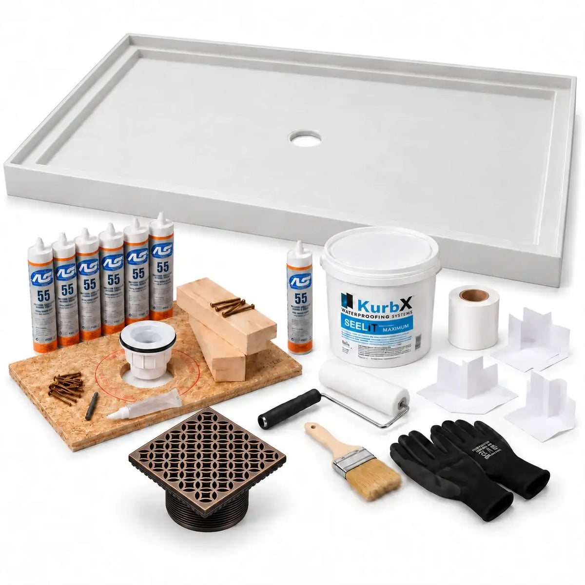 KurbX shower system bundle: 60 in x 48 in, Center Drain, Lattice Oil Rubbed Bronze, with Installation Package 1 and SeeLIT MAX waterproofing kit.