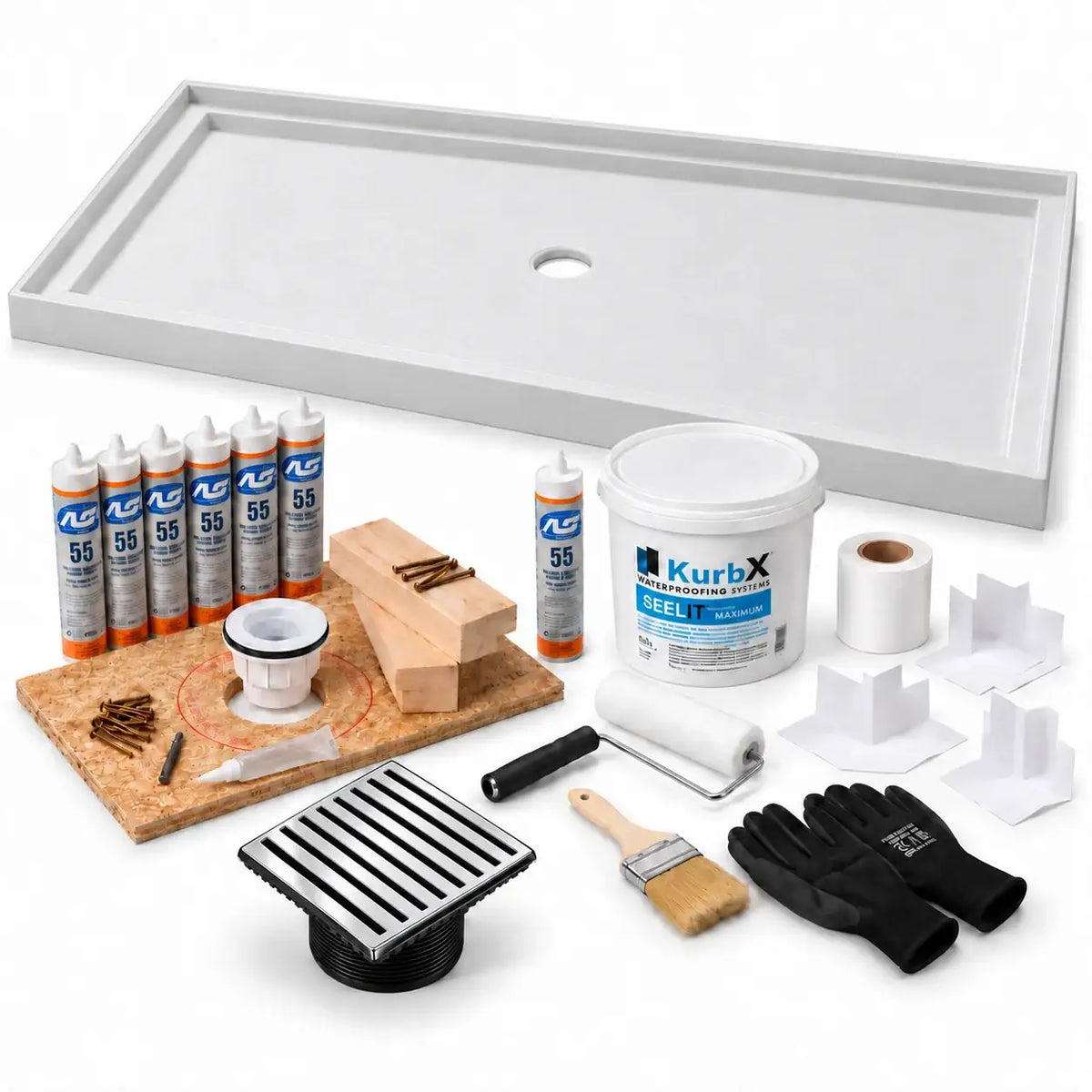 KurbX shower system bundle: 71 in x 47-1/4 in, Center Drain, Bar Polished Chrome - Jaclo, with Installation Package 1 and SeeLIT MAX waterproofing kit.