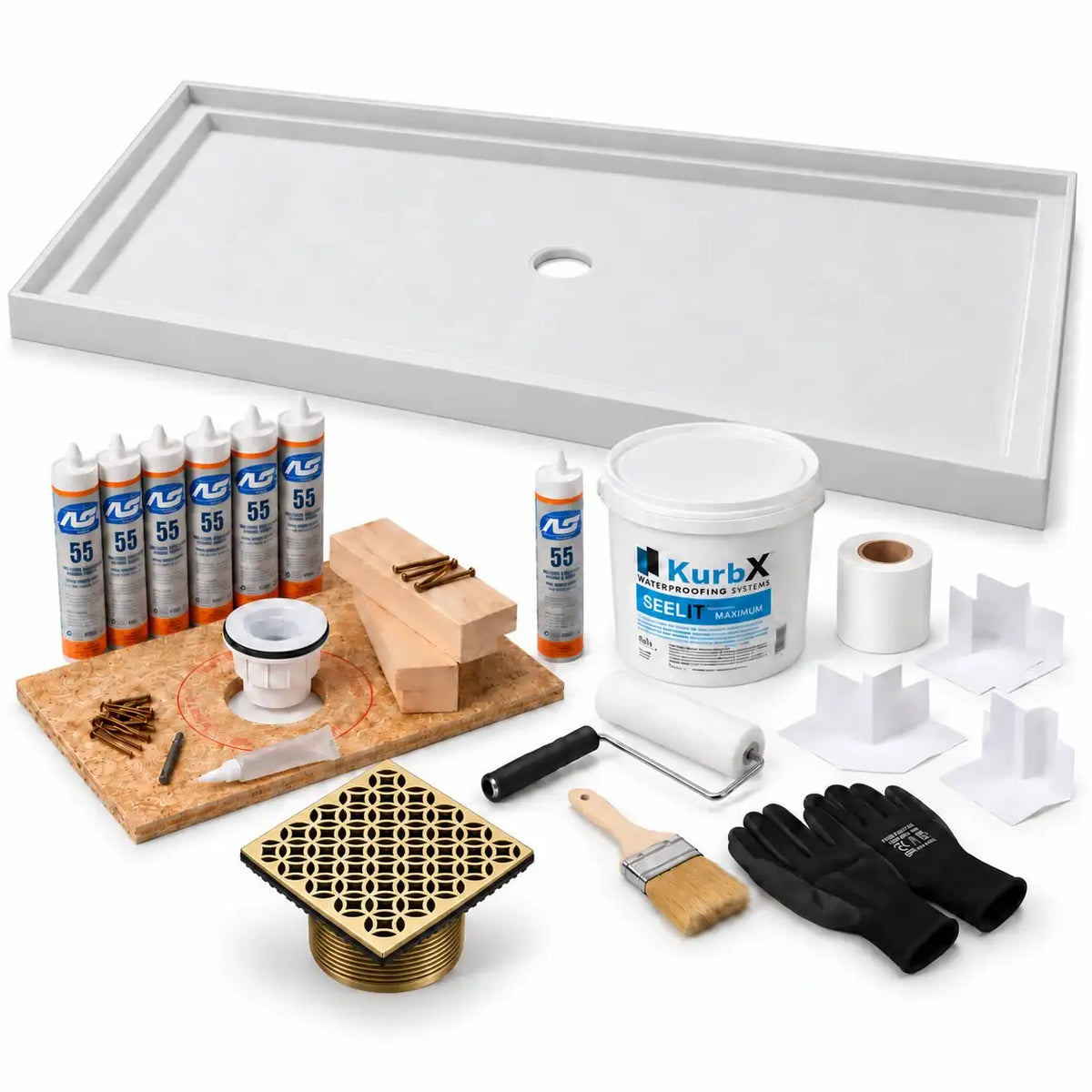KurbX shower system bundle: 71 in x 47-1/4 in, Center Drain, Lattice Brushed Brass, with Installation Package 1 and SeeLIT MAX waterproofing kit.