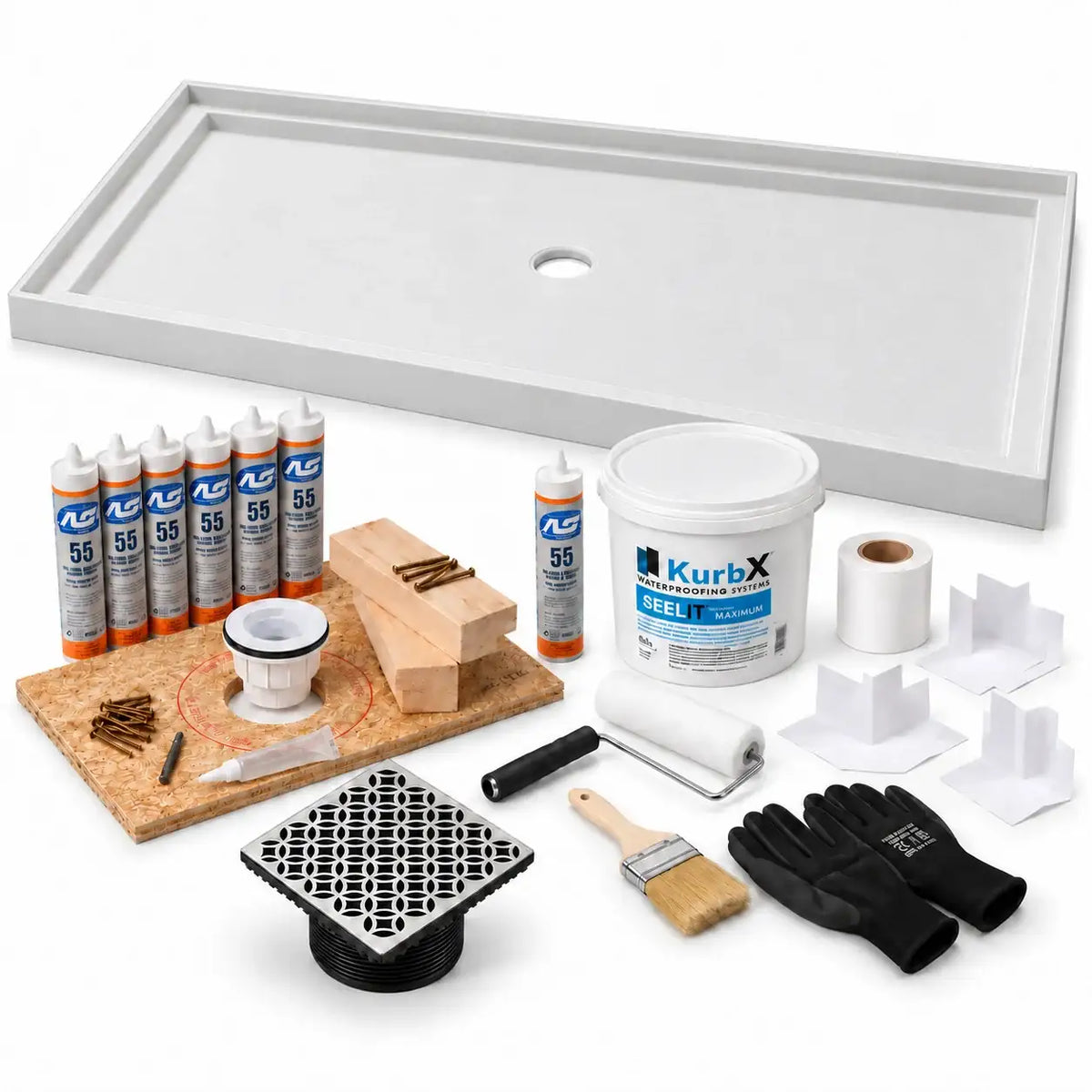 KurbX shower system bundle: 71 in x 47-1/4 in, Center Drain, Lattice Brushed Stainless, with Installation Package 1 and SeeLIT MAX waterproofing kit.