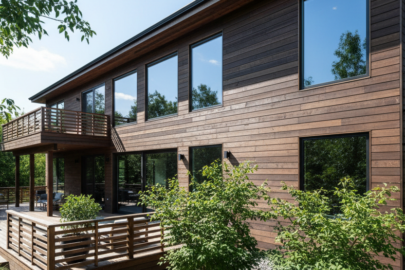 large multistory home with kebony wood siding and kebony deck