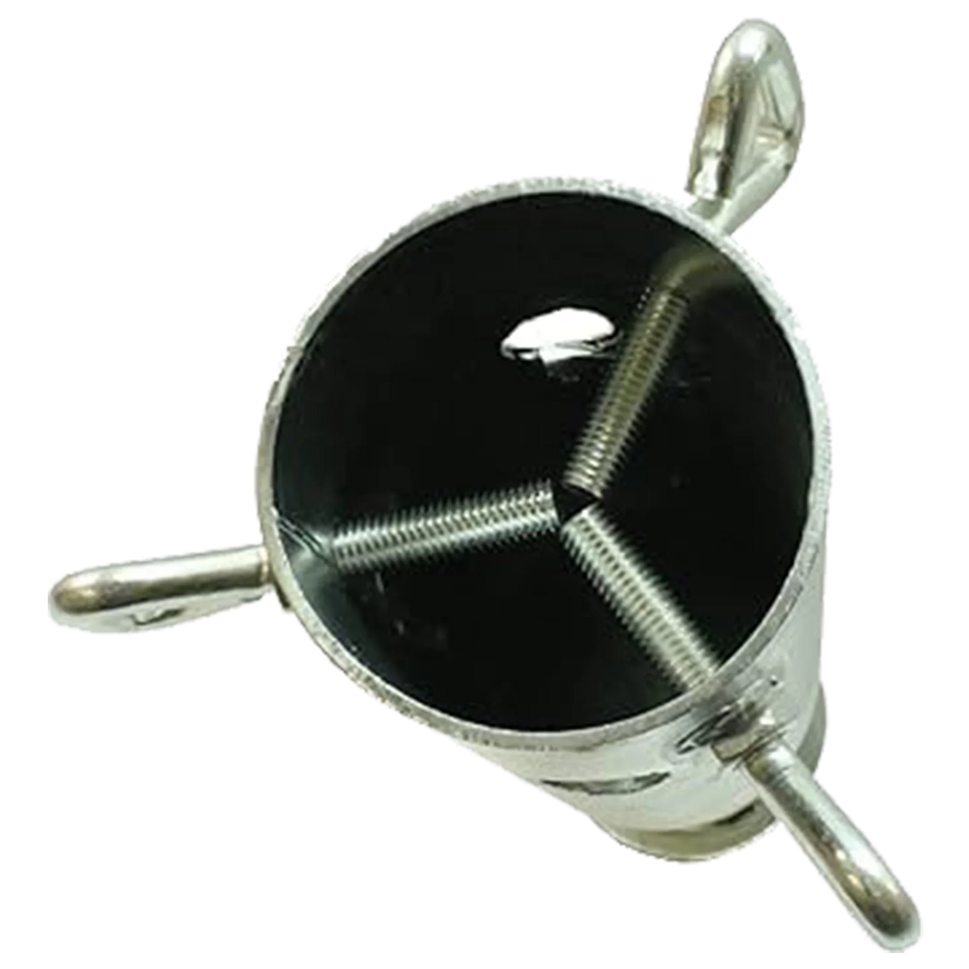 Top view of a metal model 3 ground screw with three adjustable steel wings