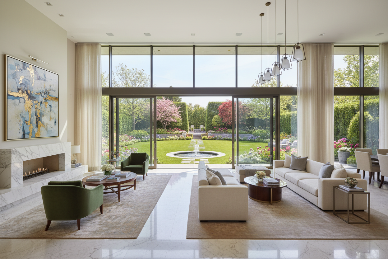 multimillion dollor home living room looking outside to beautiful landscaped yard