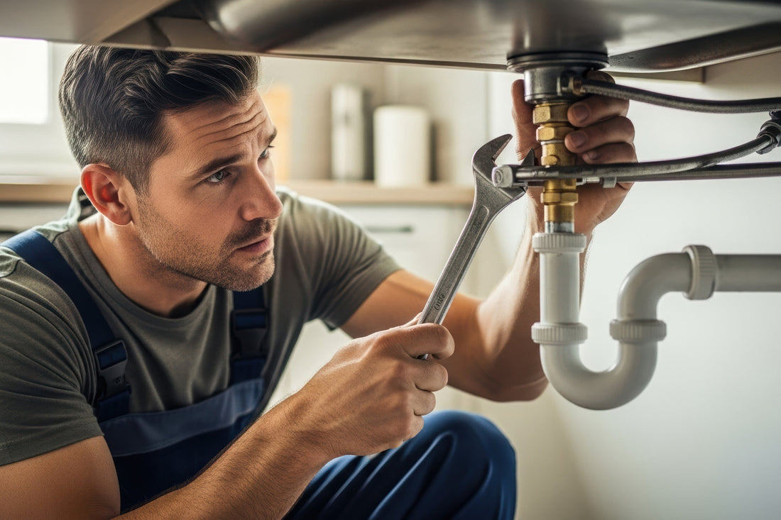 Plumber working on a pipe under a sink in a kitchen.