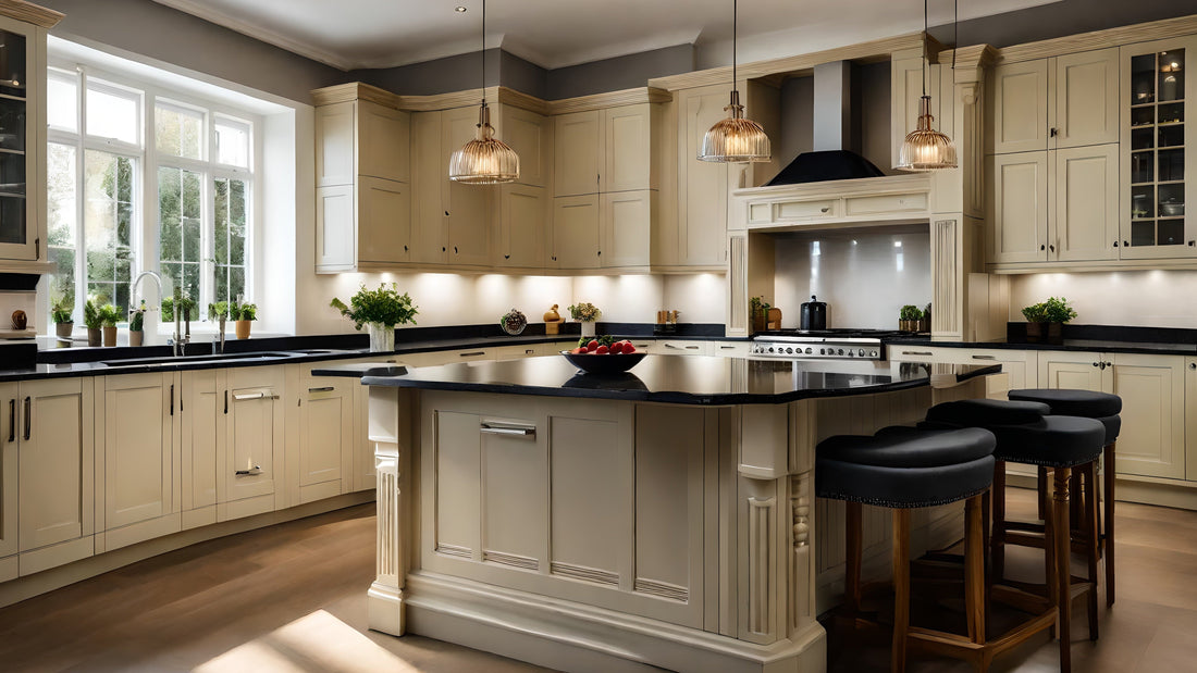 Modern kitchen with a central island, bar stools, and large windows.