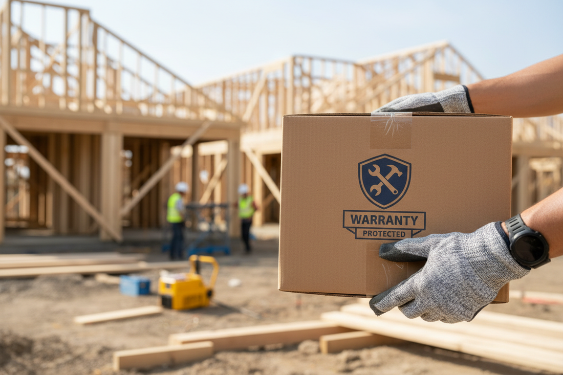 warranty icon on a box being held by a home builder in front of a jobsite, ultra realistic